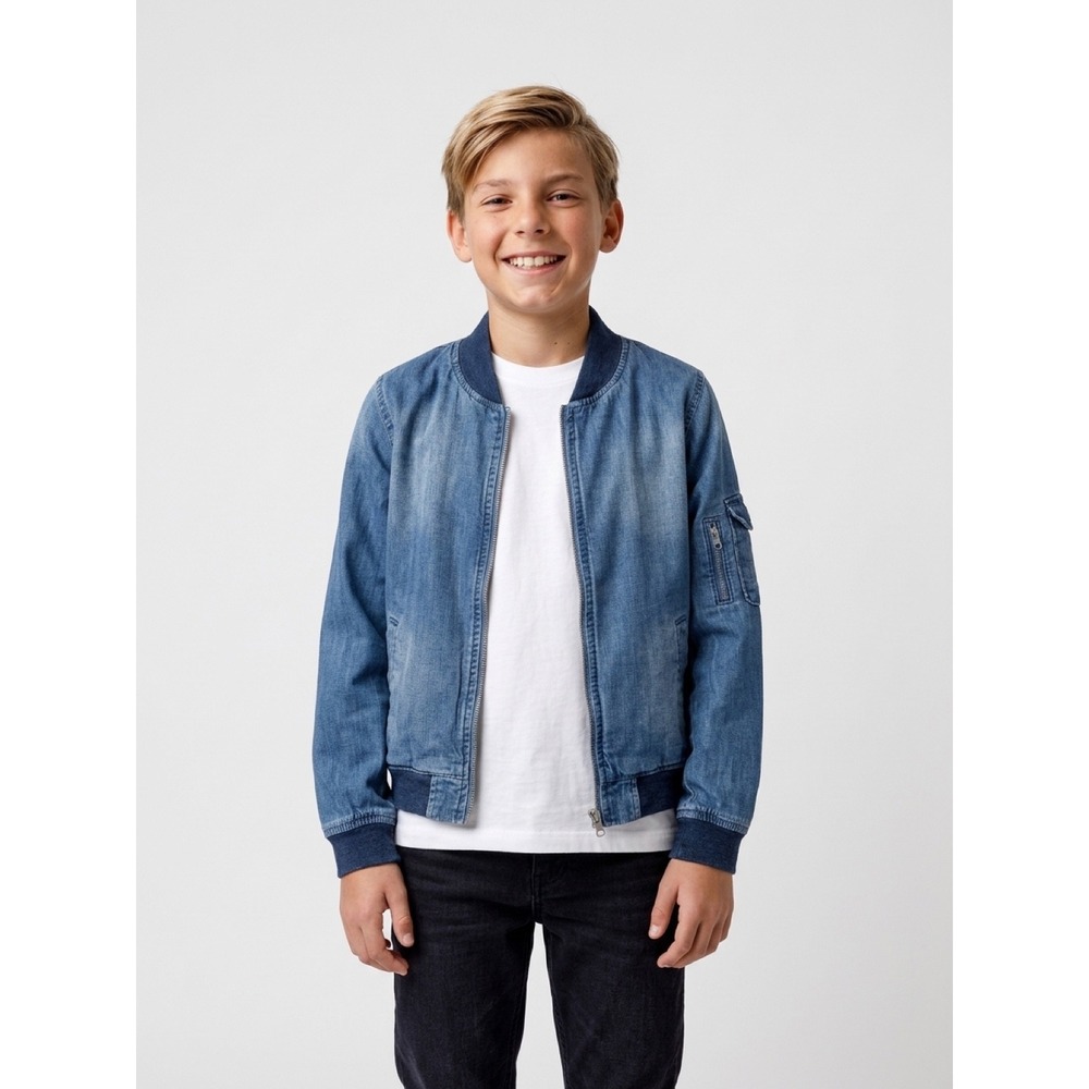 Gymboree Go Outside Boys Denim Bomber Jacket Medium Wash Blue Size L 10-12
